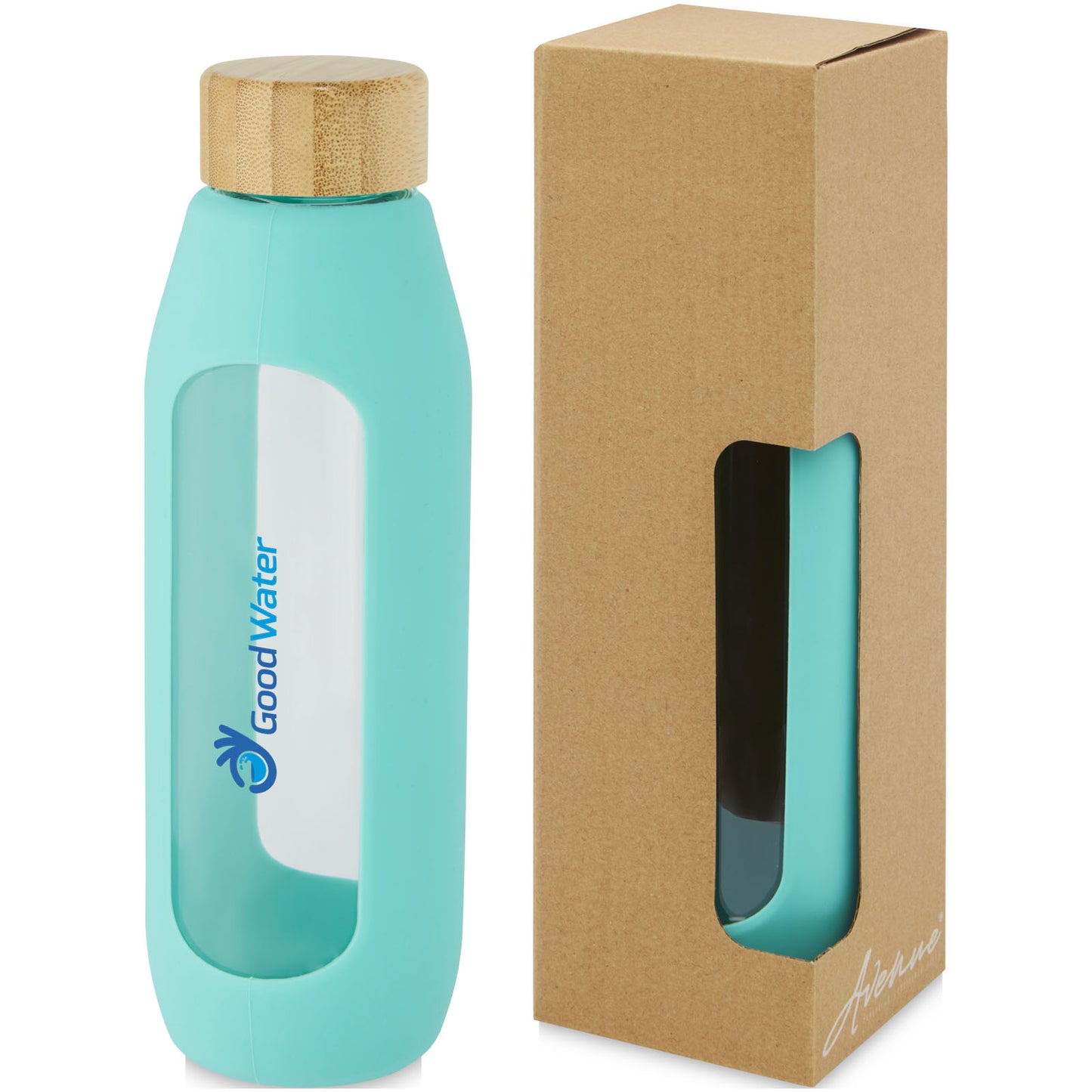 Borraccia in vetro borosilicato da 600 ml con impugnatura in silicone Tidan - Verde mare