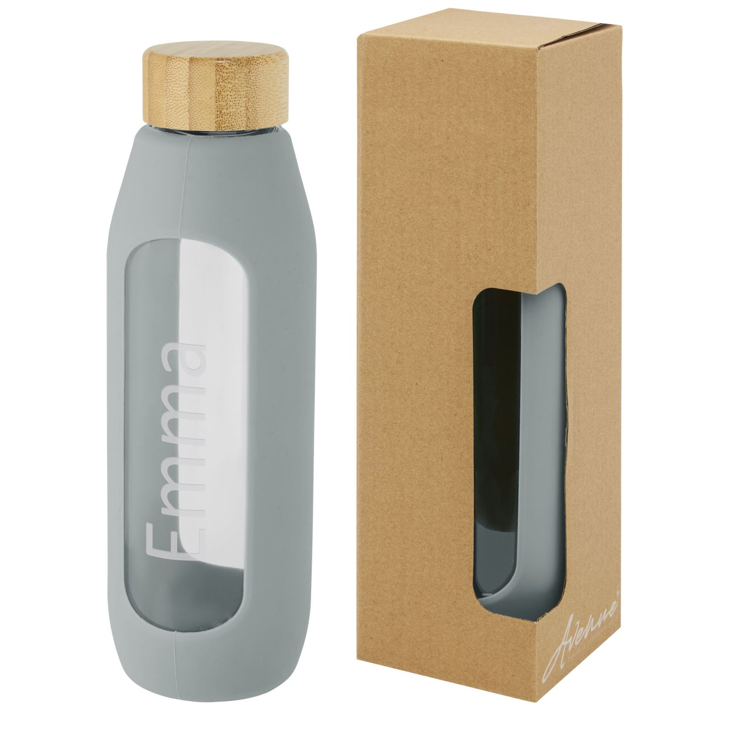 Borraccia in vetro borosilicato da 600 ml con impugnatura in silicone Tidan - Grigio