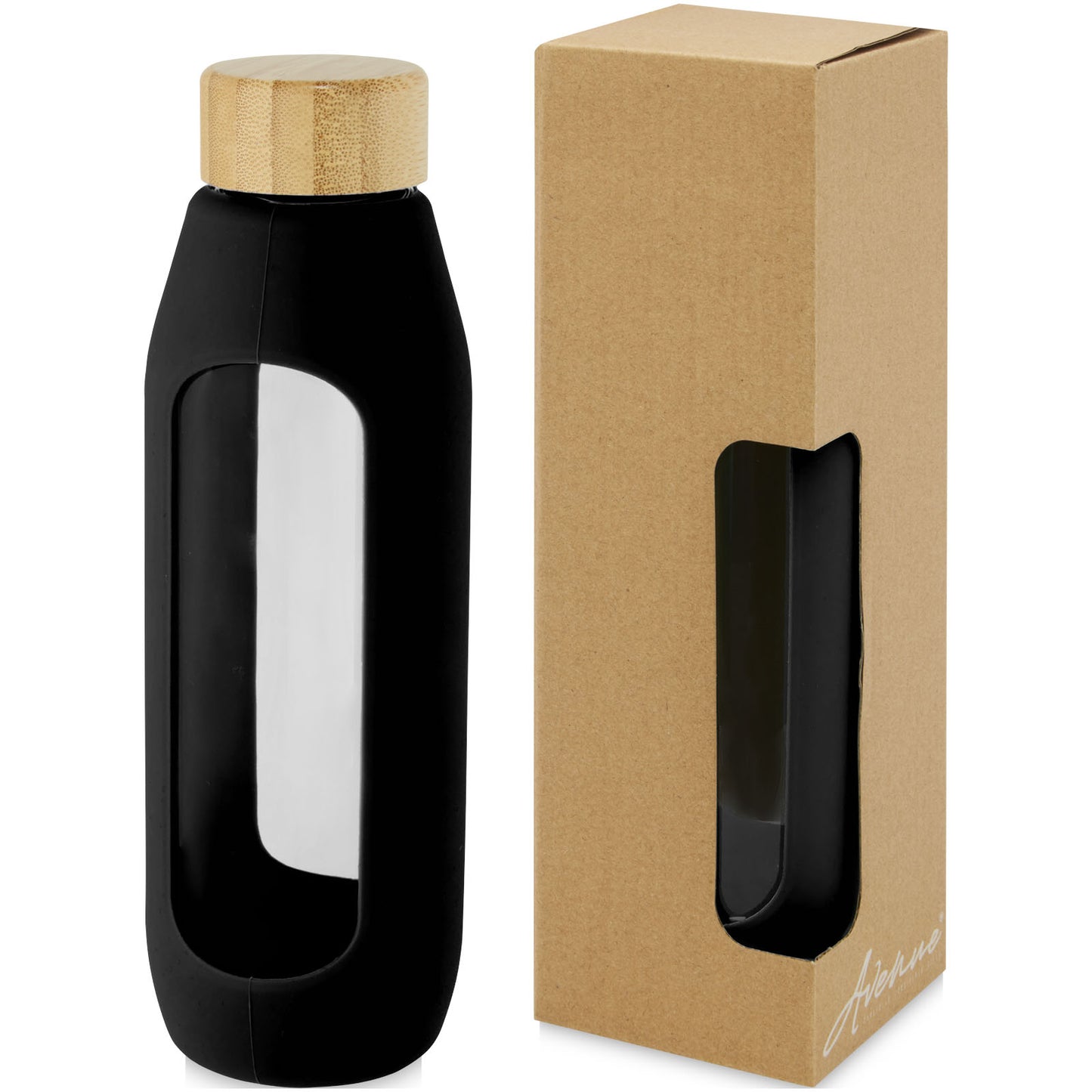 Borraccia in vetro borosilicato da 600 ml con impugnatura in silicone Tidan - Nero