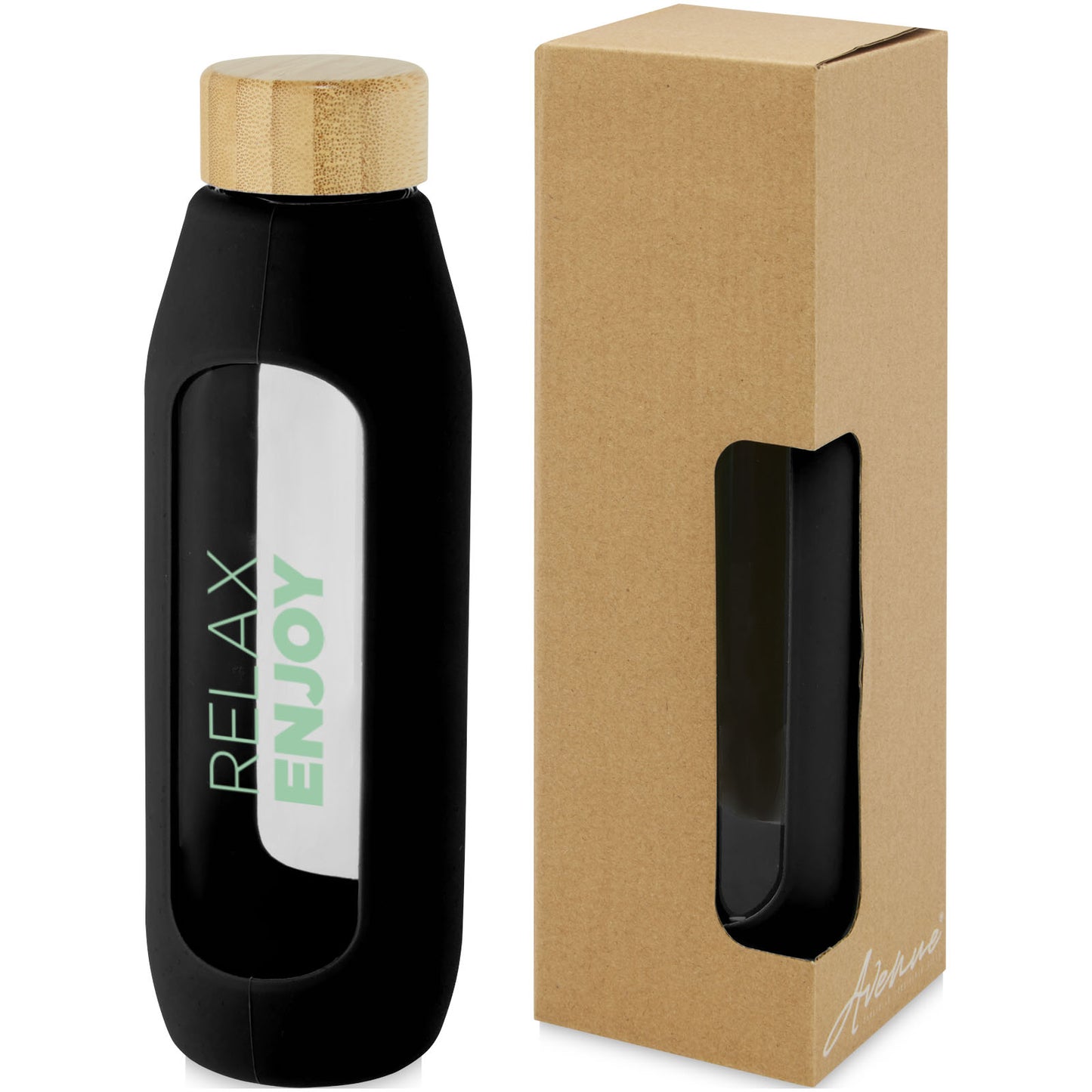 Borraccia in vetro borosilicato da 600 ml con impugnatura in silicone Tidan - Nero