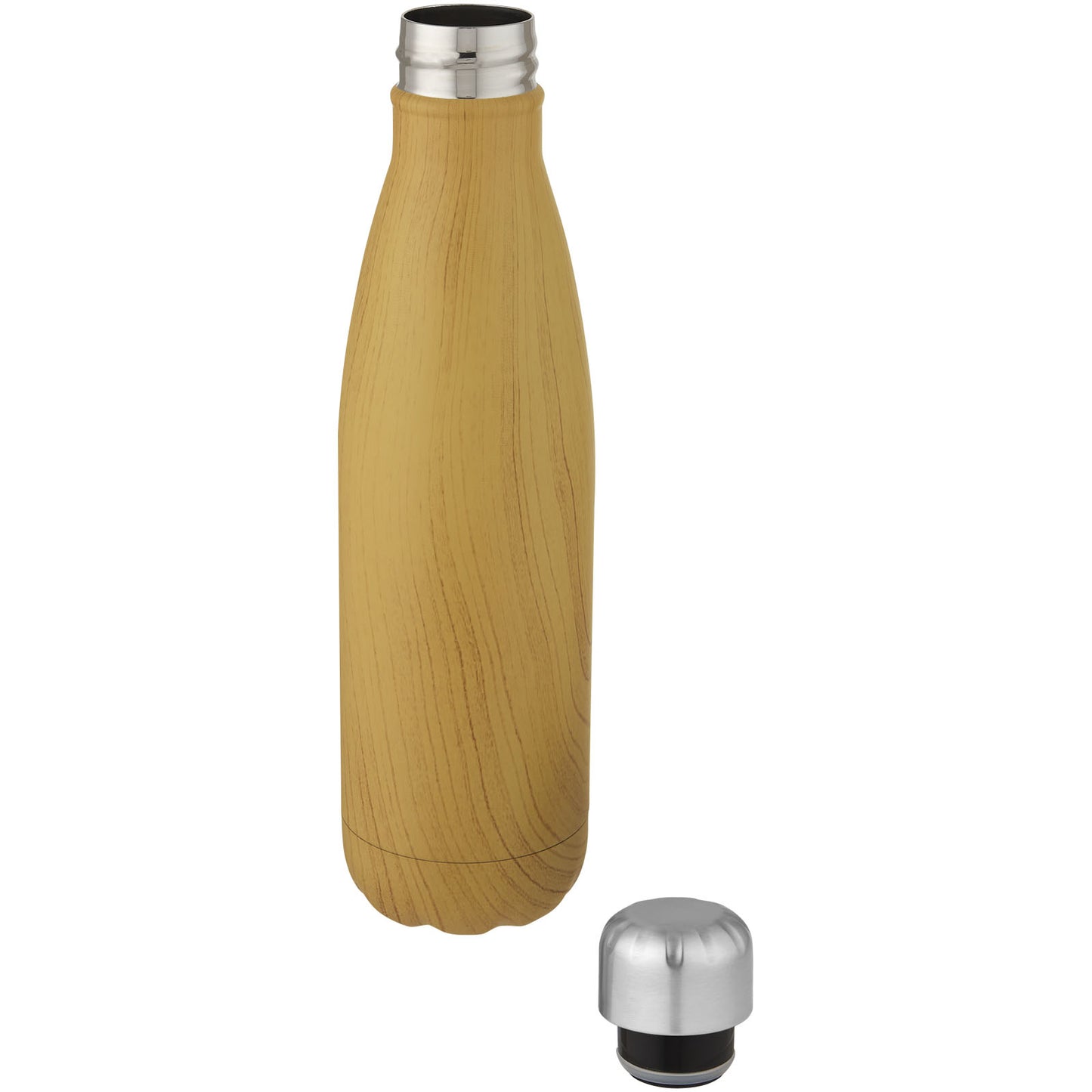 Bottiglia Cove da 500 ml con isolamento sottovuoto in acciaio inossidabile e motivo ornamentale in legno