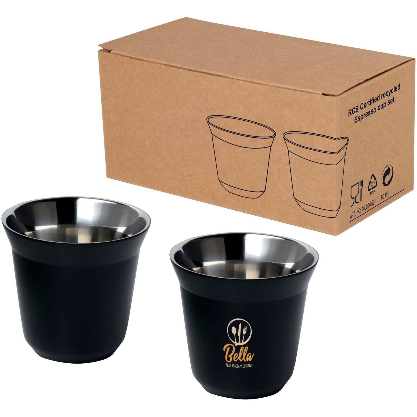 Set di tazze per caffè espresso in acciaio inossidabile certificato RCS da 80 ml Duo
