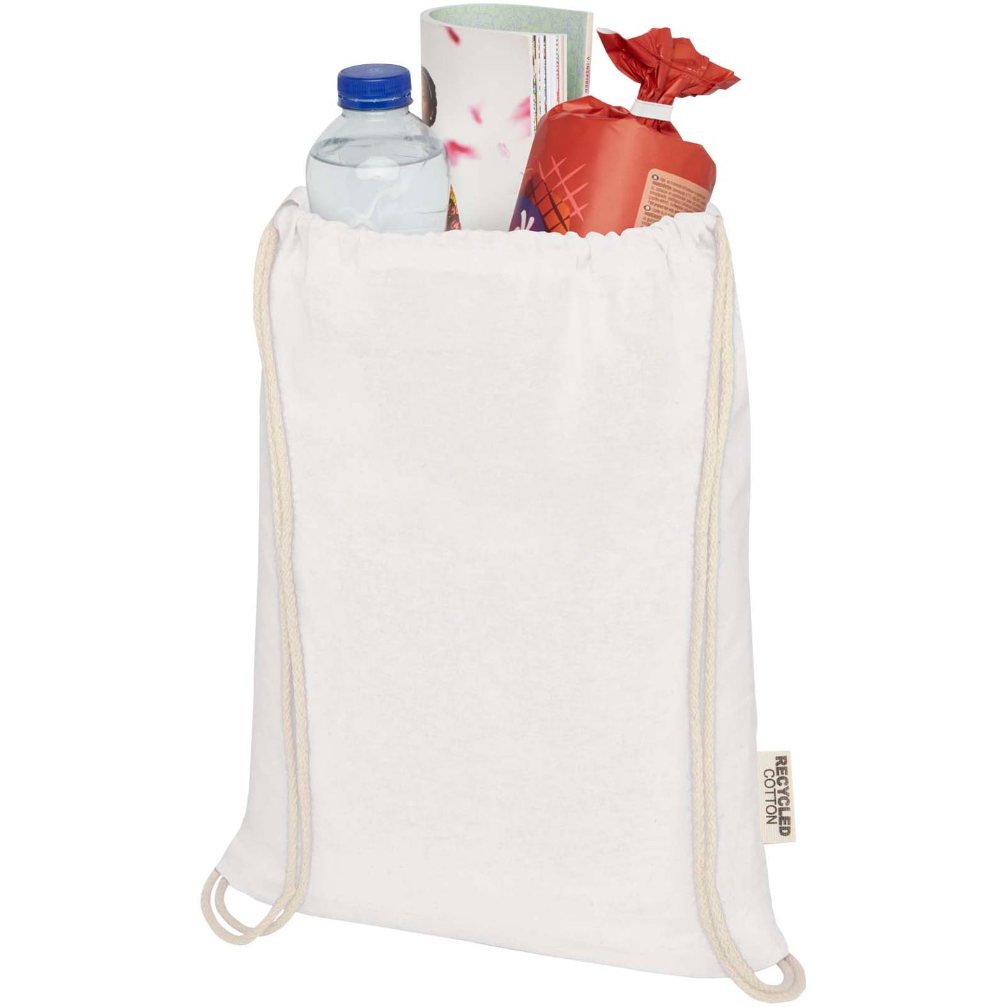 Borsa con cordoncino in cotone riciclato certificato GRS da 140 g/m² Oregon