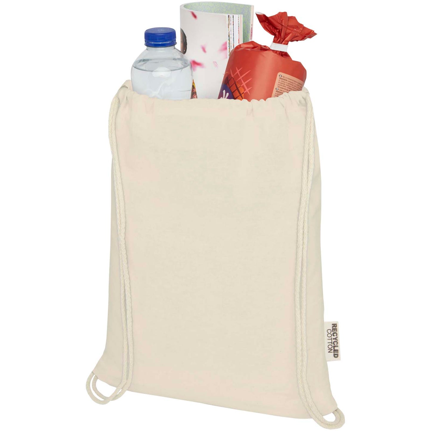 Borsa con cordoncino in cotone riciclato certificato GRS da 140 g/m² Oregon