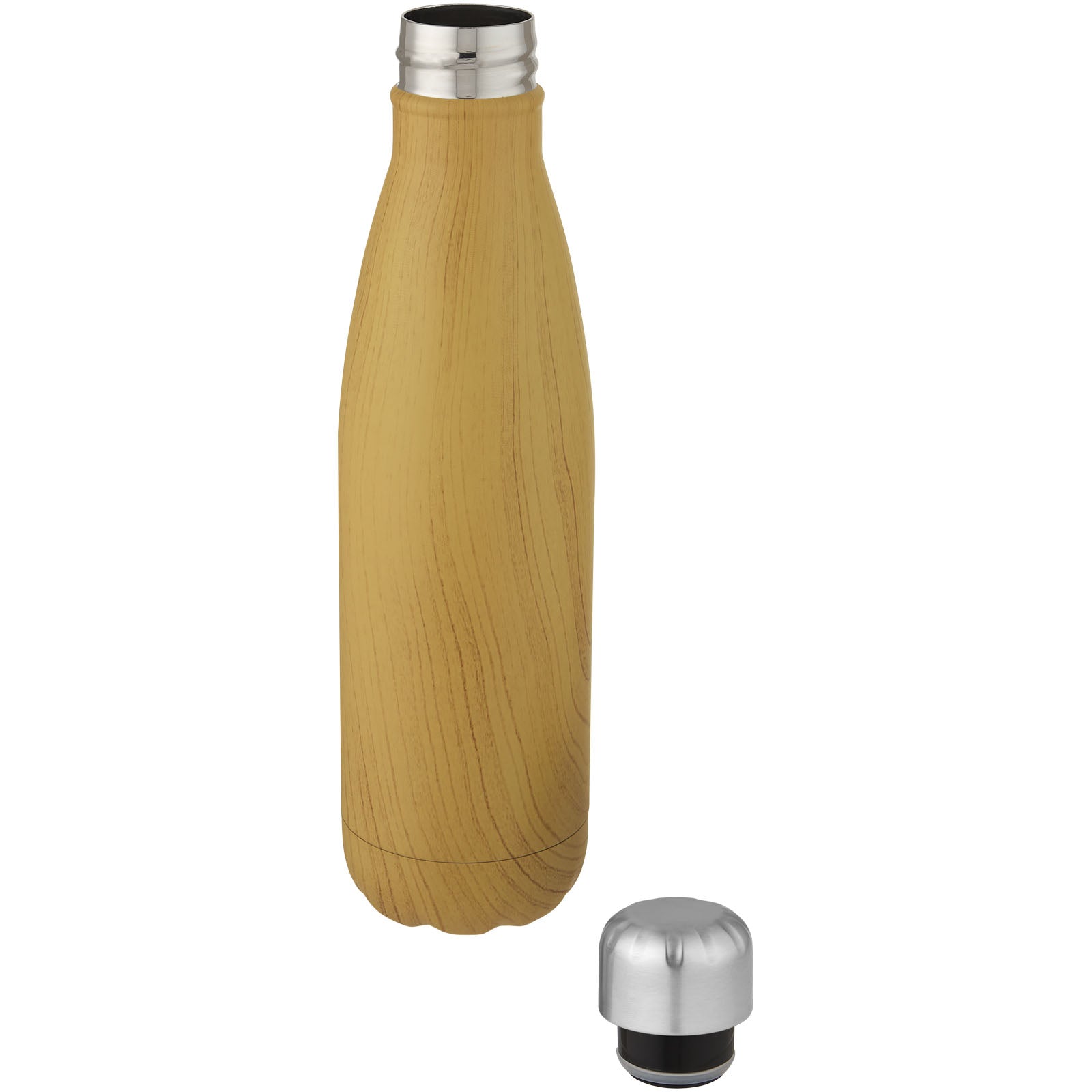 Bottiglia Cove da 500 ml con isolamento sottovuoto in acciaio inossidabile e motivo ornamentale in legno