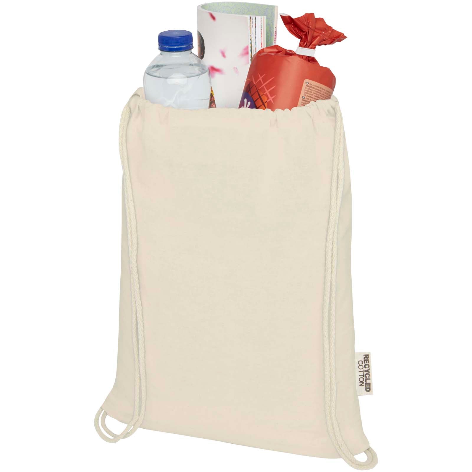 Borsa con cordoncino in cotone riciclato certificato GRS da 140 g/m² Oregon