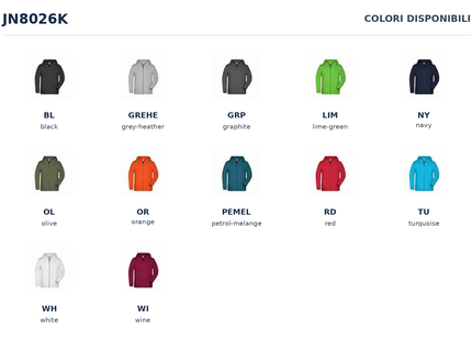 JN8026K - riepilogo dei 12 colori con nome e codice del produttore