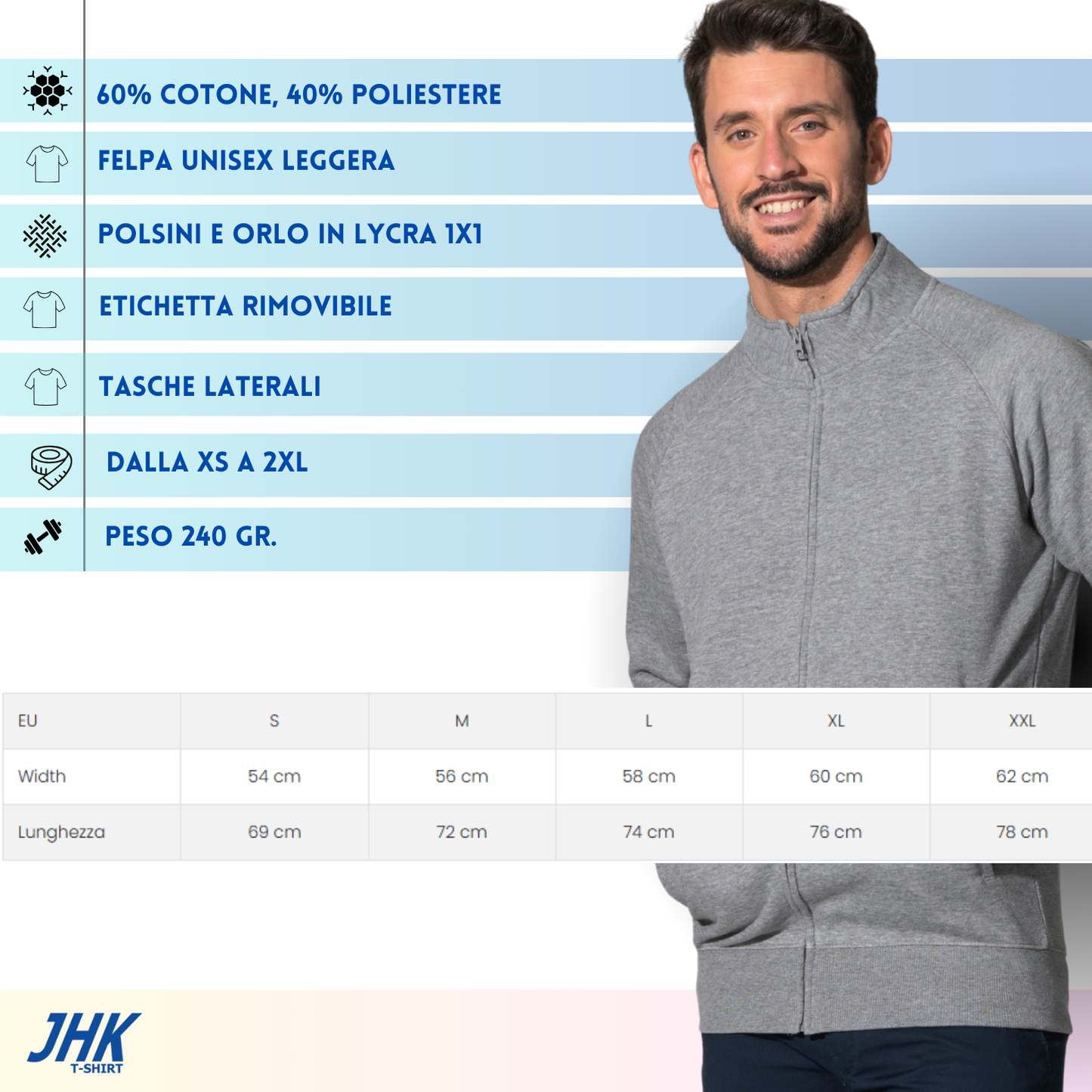 Felpa Unisex leggera a zip intera | Cod. SWFUZIP240