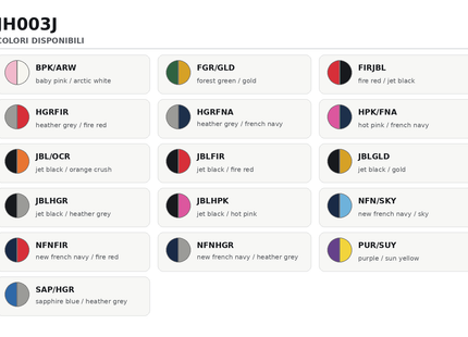 Colori disponibili e codici JH003J