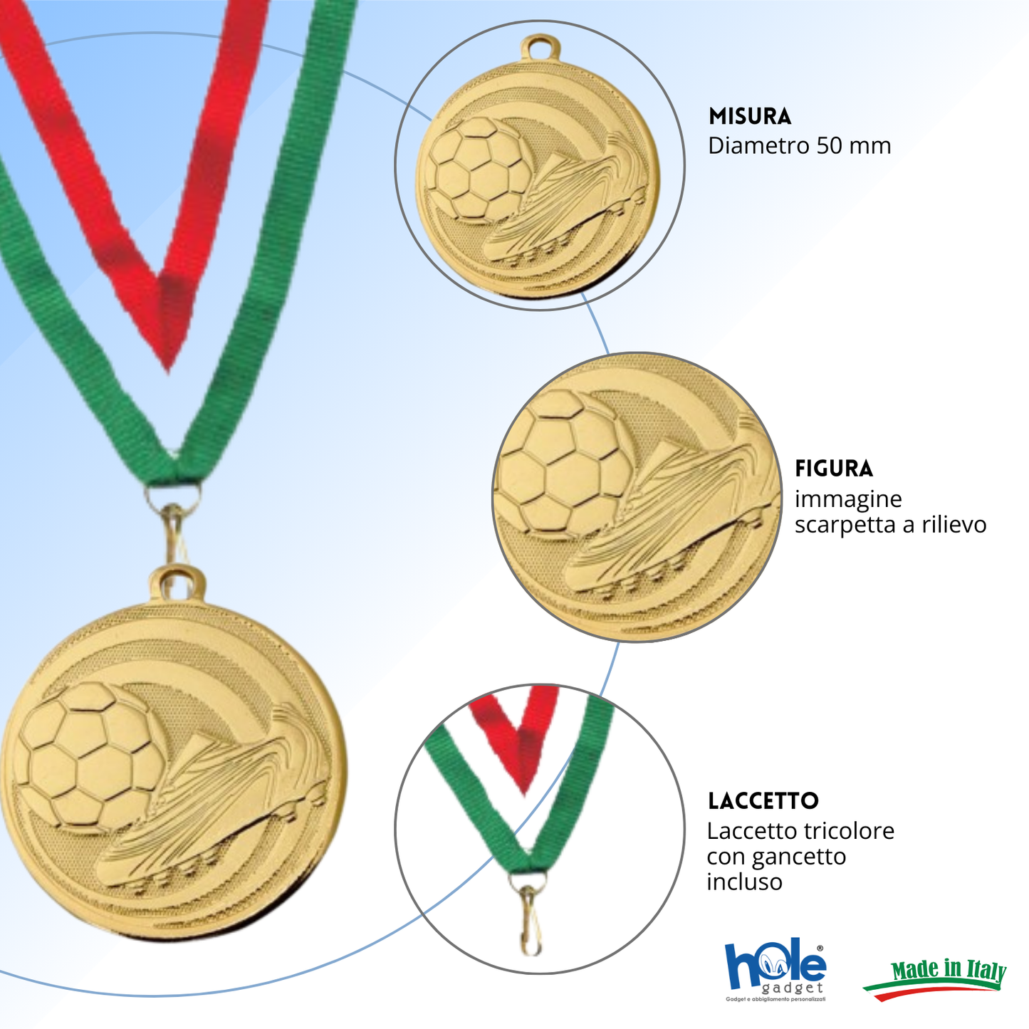 Medaglie calcio personalizzate 45 mm oro | 23.05.45.51G