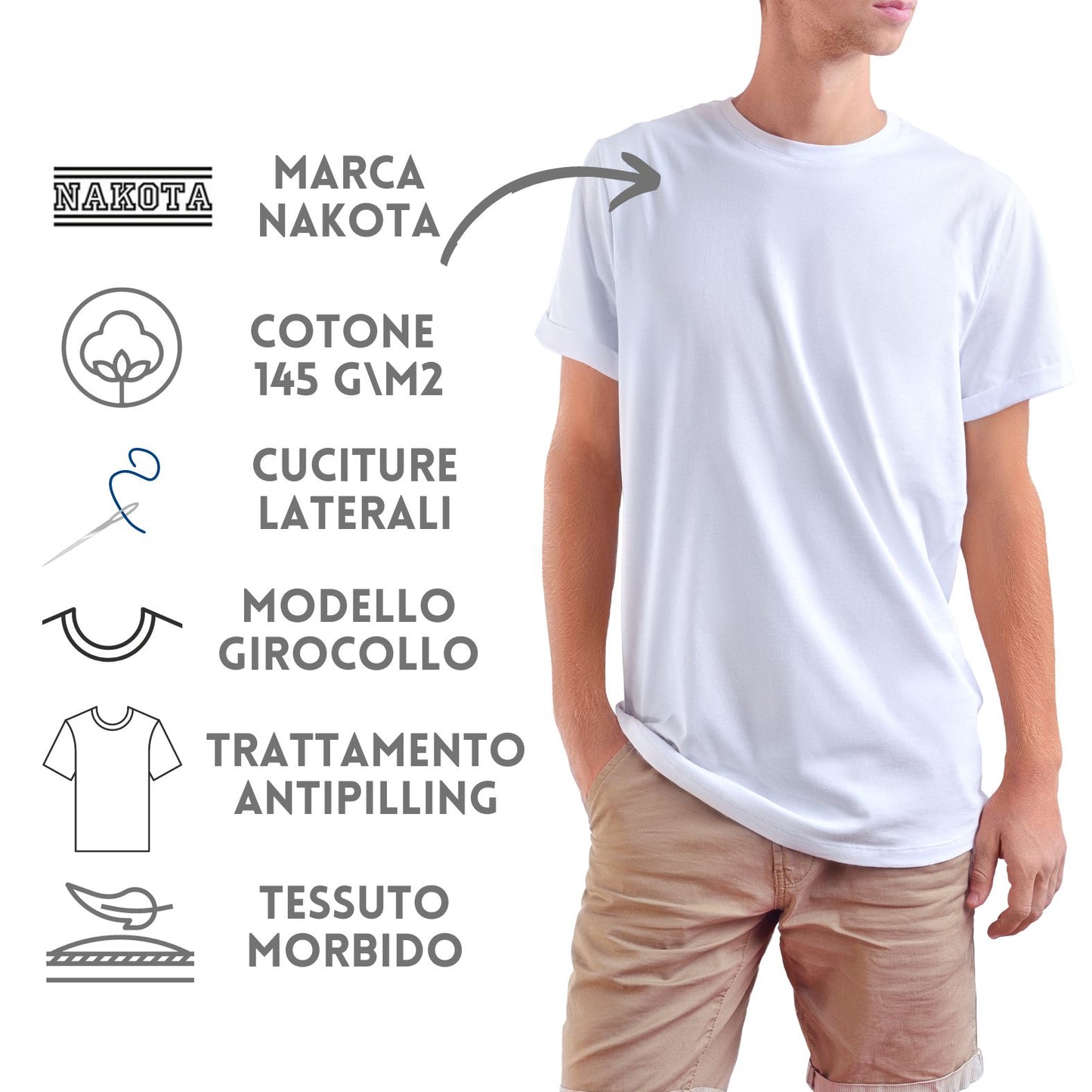 Magliette bianche personalizzate modello Nakota | Cod. NK100